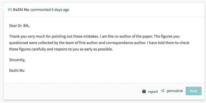 母得志在Pubpeer平台回应称,已要求团队成员检查数据并尽快回复质疑。 图源:网站截图 母得志团队回应论文造假质疑:正核查研究数据